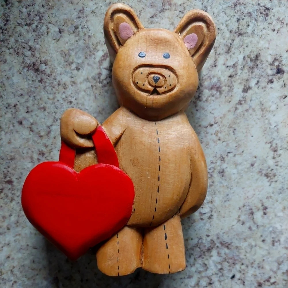 Wooden handmade carved teddy bear Holding a heart trinket box! Valentines Day